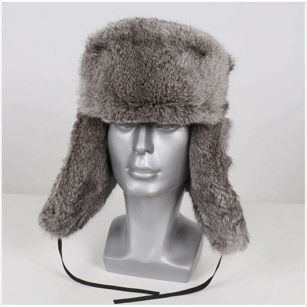 New Men Russian Winter Real Rabbit Fur Bomber Hat Super Warm 100% Natural Rabbit Fur Hats Male Full Pelt Genuine Rabbit Fur Cap - KIMLUD
