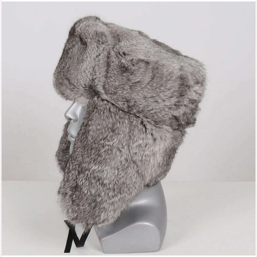 New Men Russian Winter Real Rabbit Fur Bomber Hat Super Warm 100% Natural Rabbit Fur Hats Male Full Pelt Genuine Rabbit Fur Cap - KIMLUD