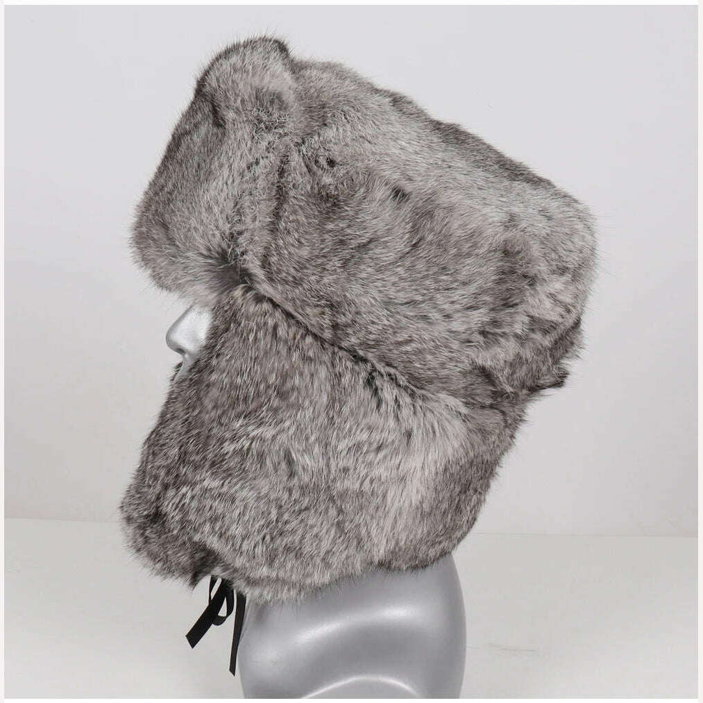 New Men Russian Winter Real Rabbit Fur Bomber Hat Super Warm 100% Natural Rabbit Fur Hats Male Full Pelt Genuine Rabbit Fur Cap - KIMLUD