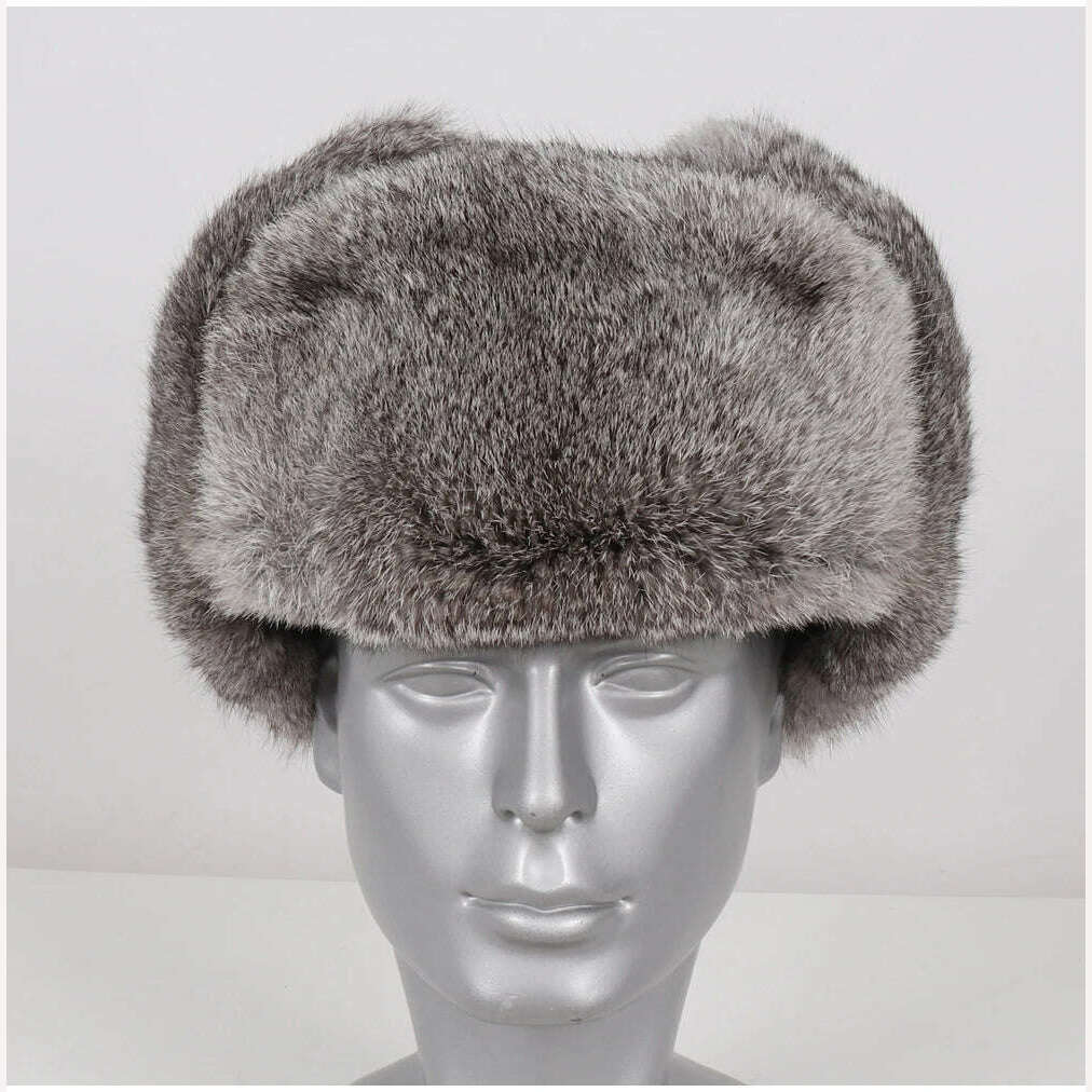 New Men Russian Winter Real Rabbit Fur Bomber Hat Super Warm 100% Natural Rabbit Fur Hats Male Full Pelt Genuine Rabbit Fur Cap - KIMLUD