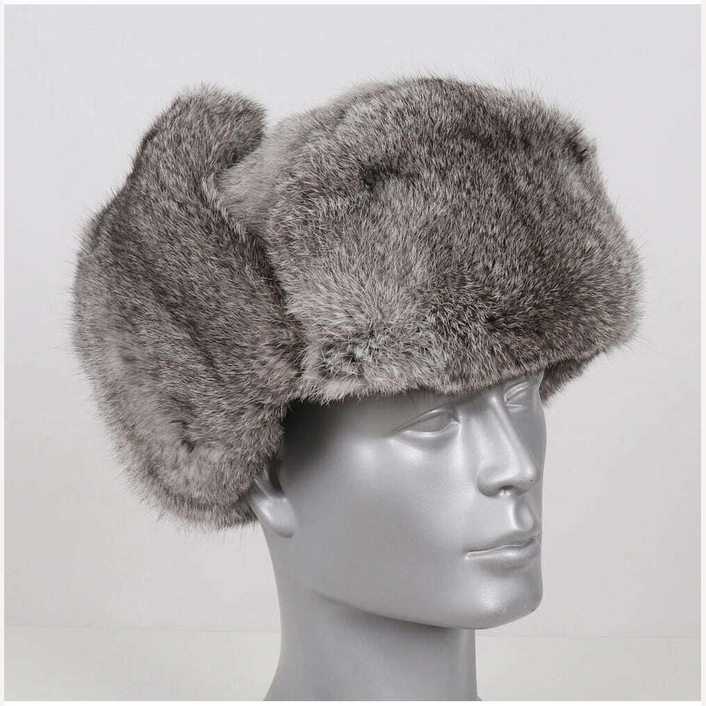 New Men Russian Winter Real Rabbit Fur Bomber Hat Super Warm 100% Natural Rabbit Fur Hats Male Full Pelt Genuine Rabbit Fur Cap - KIMLUD