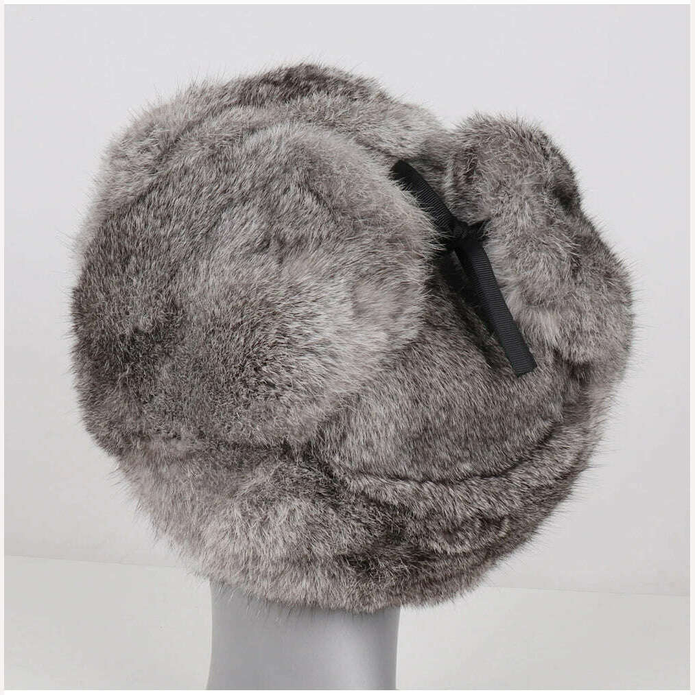 New Men Russian Winter Real Rabbit Fur Bomber Hat Super Warm 100% Natural Rabbit Fur Hats Male Full Pelt Genuine Rabbit Fur Cap - KIMLUD