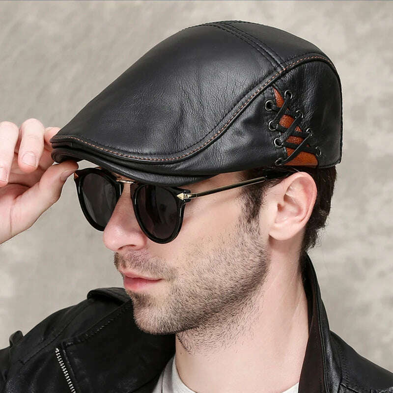 New Men's outdoor leather hat winter Berets male Multifunction Ear protection cap 100% genuine leather dad hat Leisure - KIMLUD