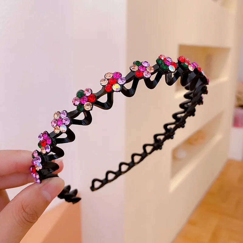 New Non-slip Rhinestone Headbands Solid Wave Hairbands for Women Girls Bezel Fashion Hair Hoop Ladies Boutique Hair Accessories - KIMLUD