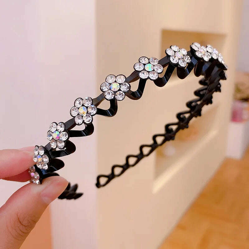New Non-slip Rhinestone Headbands Solid Wave Hairbands for Women Girls Bezel Fashion Hair Hoop Ladies Boutique Hair Accessories - KIMLUD