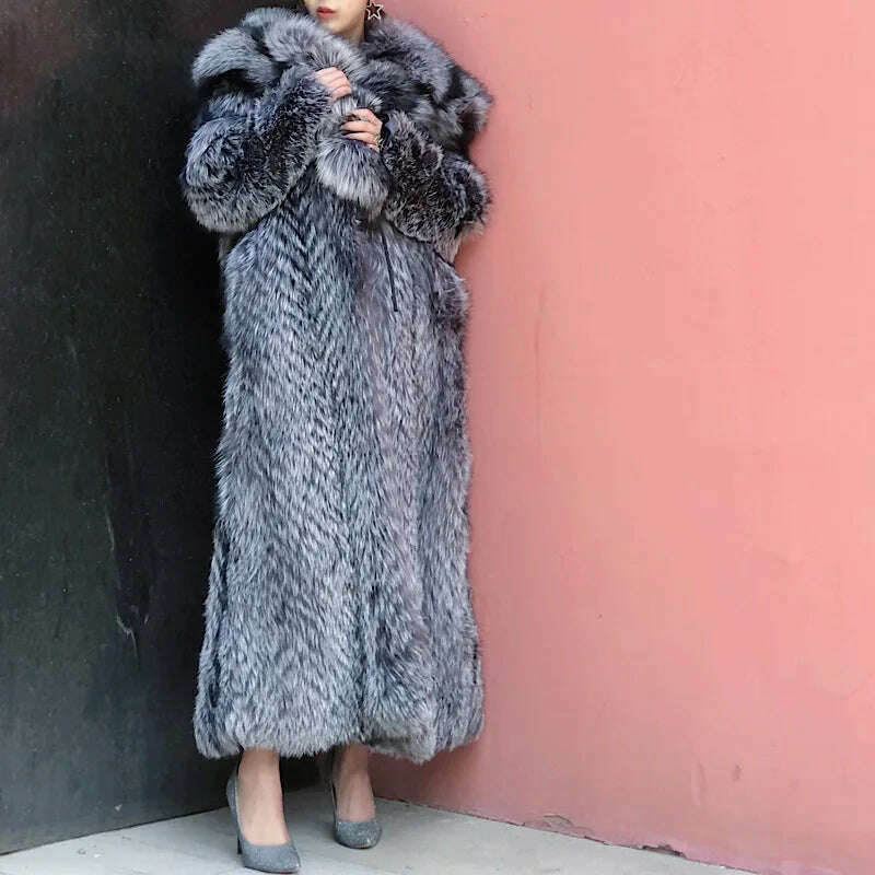 KIMLUD, New off Season Special Price in Autumn And Winter Of 2021 Silver Fox Full Skin Lapel Young Super Long Fur lady's Coat, KIMLUD Womens Clothes