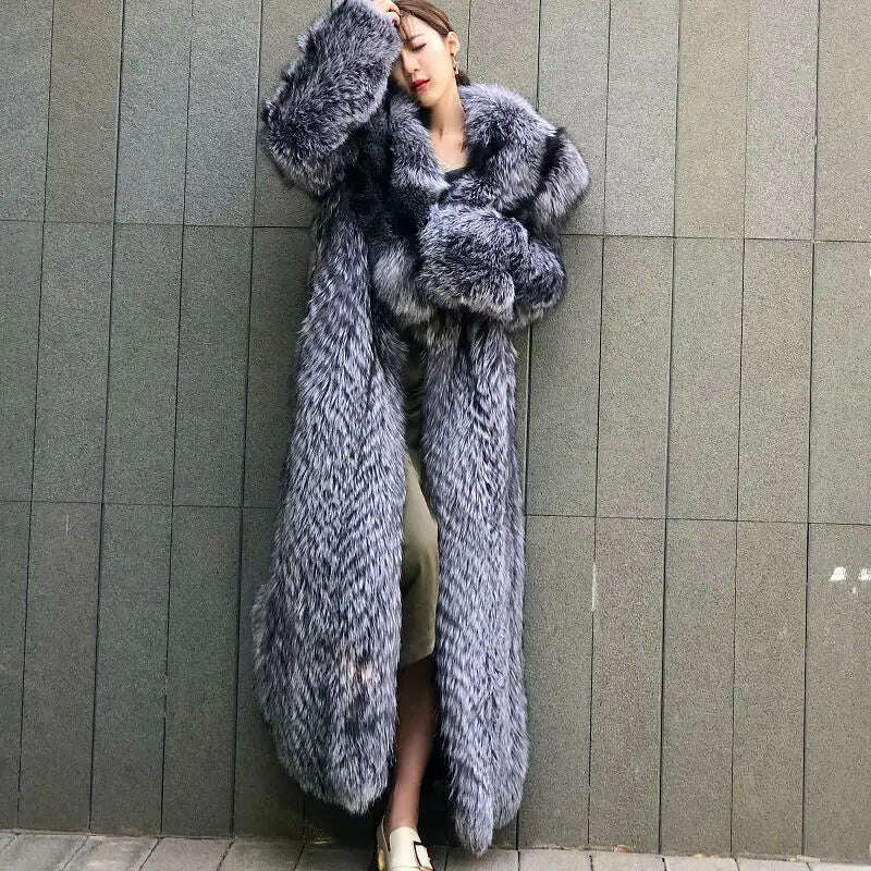 KIMLUD, New off Season Special Price in Autumn And Winter Of 2021 Silver Fox Full Skin Lapel Young Super Long Fur lady's Coat, GRAY / S / CHINA, KIMLUD APPAREL - Womens Clothes