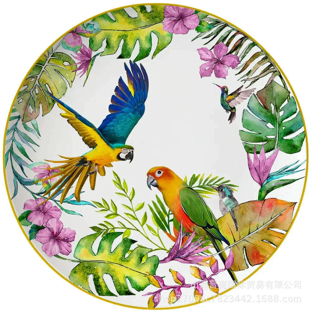 KIMLUD, New Parrot Bone China Tableware Set Pastoral Phnom Penh Western Food Plate Household Bowl Coffee Cup Pratos Para Jantar Kitchen., 12 inches, KIMLUD APPAREL - Womens Clothes