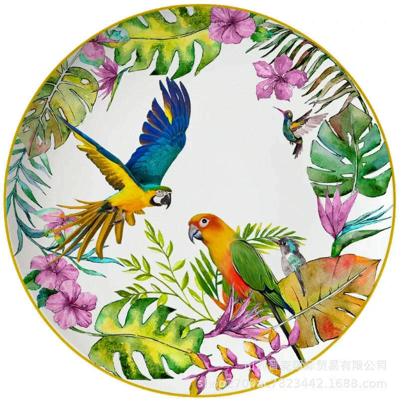 KIMLUD, New Parrot Bone China Tableware Set Pastoral Phnom Penh Western Food Plate Household Bowl Coffee Cup Pratos Para Jantar Kitchen., KIMLUD Womens Clothes