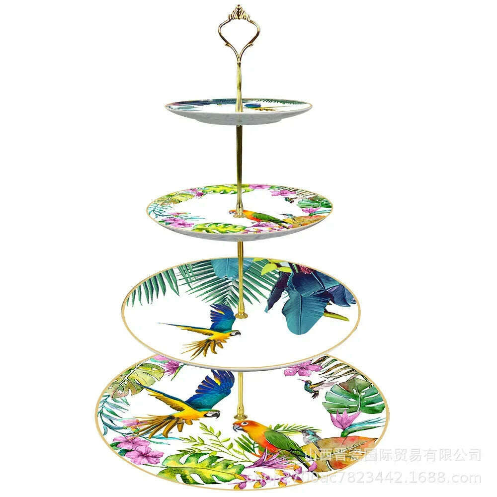 KIMLUD, New Parrot Bone China Tableware Set Pastoral Phnom Penh Western Food Plate Household Bowl Coffee Cup Pratos Para Jantar Kitchen., Four-layer shelf, KIMLUD APPAREL - Womens Clothes