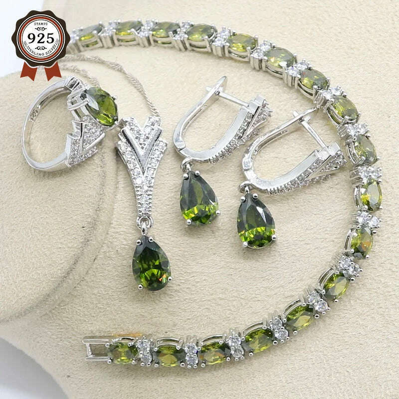 KIMLUD, New Peridot Green Silver 925 Jewelry Set for Women with Bracelet Earrings Necklace Pendant Ring Birthday Gift, KIMLUD Womens Clothes