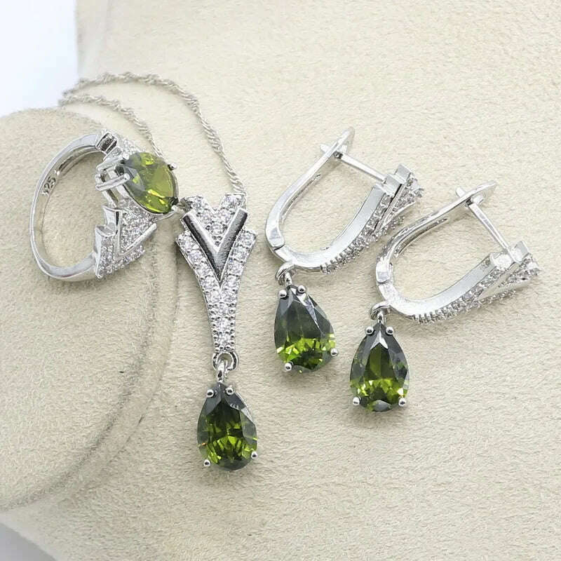 KIMLUD, New Peridot Green Silver 925 Jewelry Set for Women with Bracelet Earrings Necklace Pendant Ring Birthday Gift, KIMLUD Womens Clothes