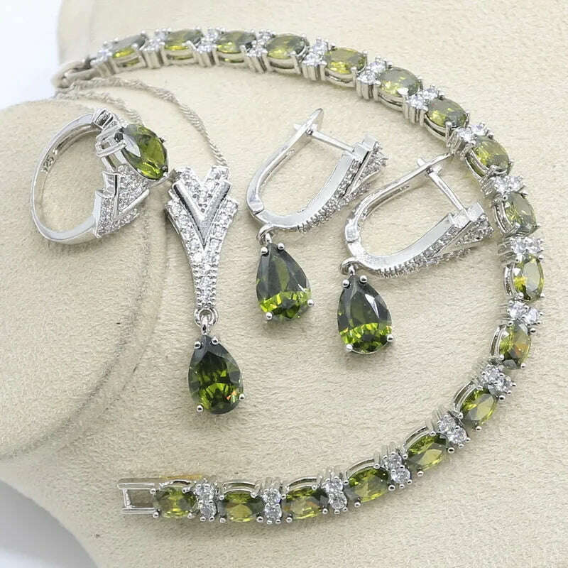 KIMLUD, New Peridot Green Silver 925 Jewelry Set for Women with Bracelet Earrings Necklace Pendant Ring Birthday Gift, 4pcs / 7, KIMLUD APPAREL - Womens Clothes