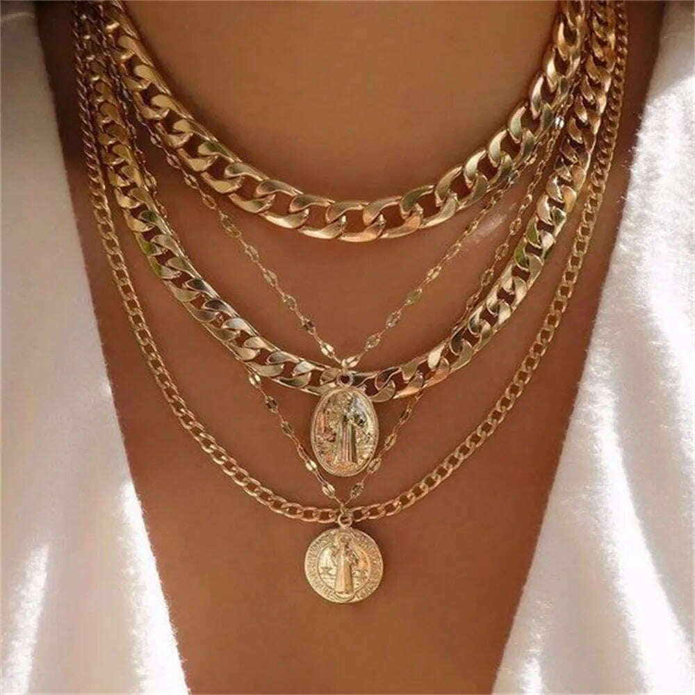 KIMLUD, New Punk Gold Color Thick Geometric Chain Jesus Mary Portrait Coin Pendant Necklace For Women Vintage Fashion Multilevel Jewelry, NES-0820-9, KIMLUD Womens Clothes