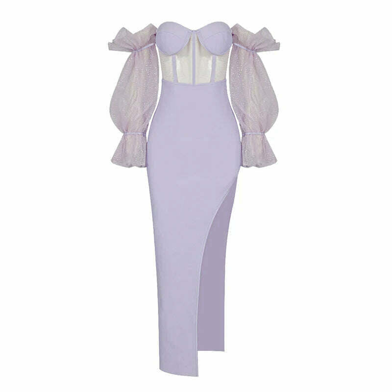 KIMLUD, New Purple Khaki Color Women Sexy Mesh Long Sleeve Off the Shoulder Bodycon Long Dress Rayon Bandage Evening Party Dress, KIMLUD Womens Clothes