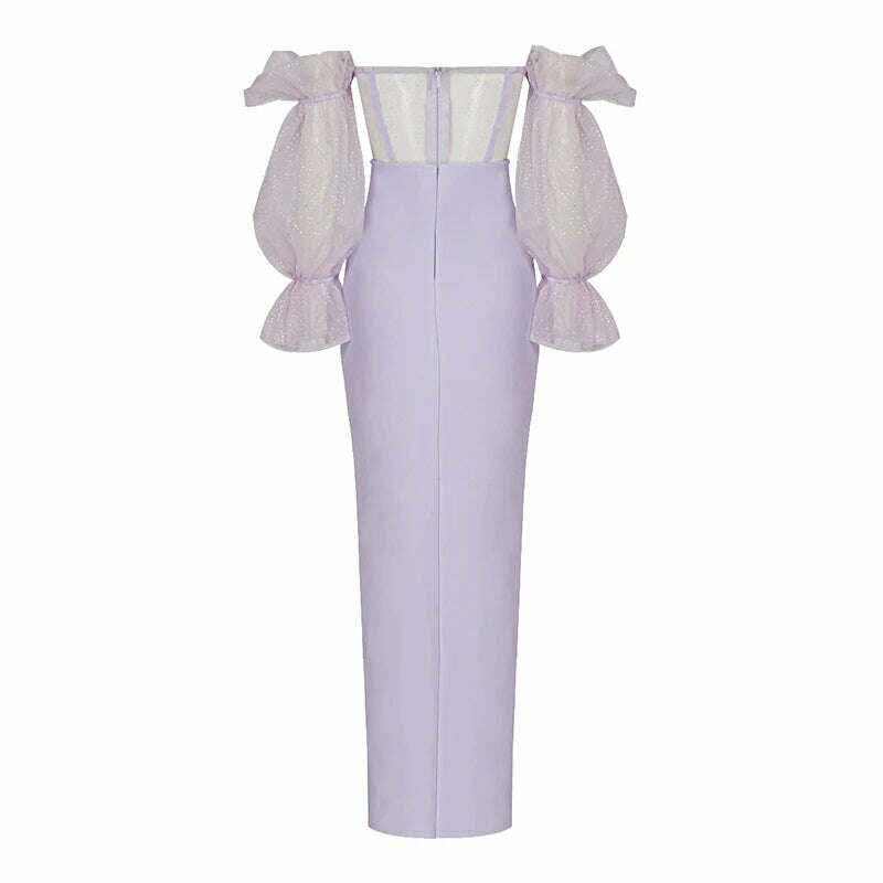KIMLUD, New Purple Khaki Color Women Sexy Mesh Long Sleeve Off the Shoulder Bodycon Long Dress Rayon Bandage Evening Party Dress, KIMLUD Womens Clothes