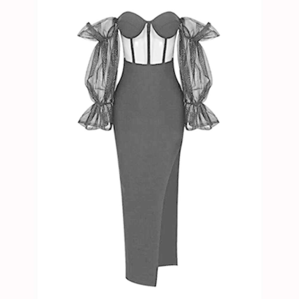 KIMLUD, New Purple Khaki Color Women Sexy Mesh Long Sleeve Off the Shoulder Bodycon Long Dress Rayon Bandage Evening Party Dress, black / XS, KIMLUD APPAREL - Womens Clothes