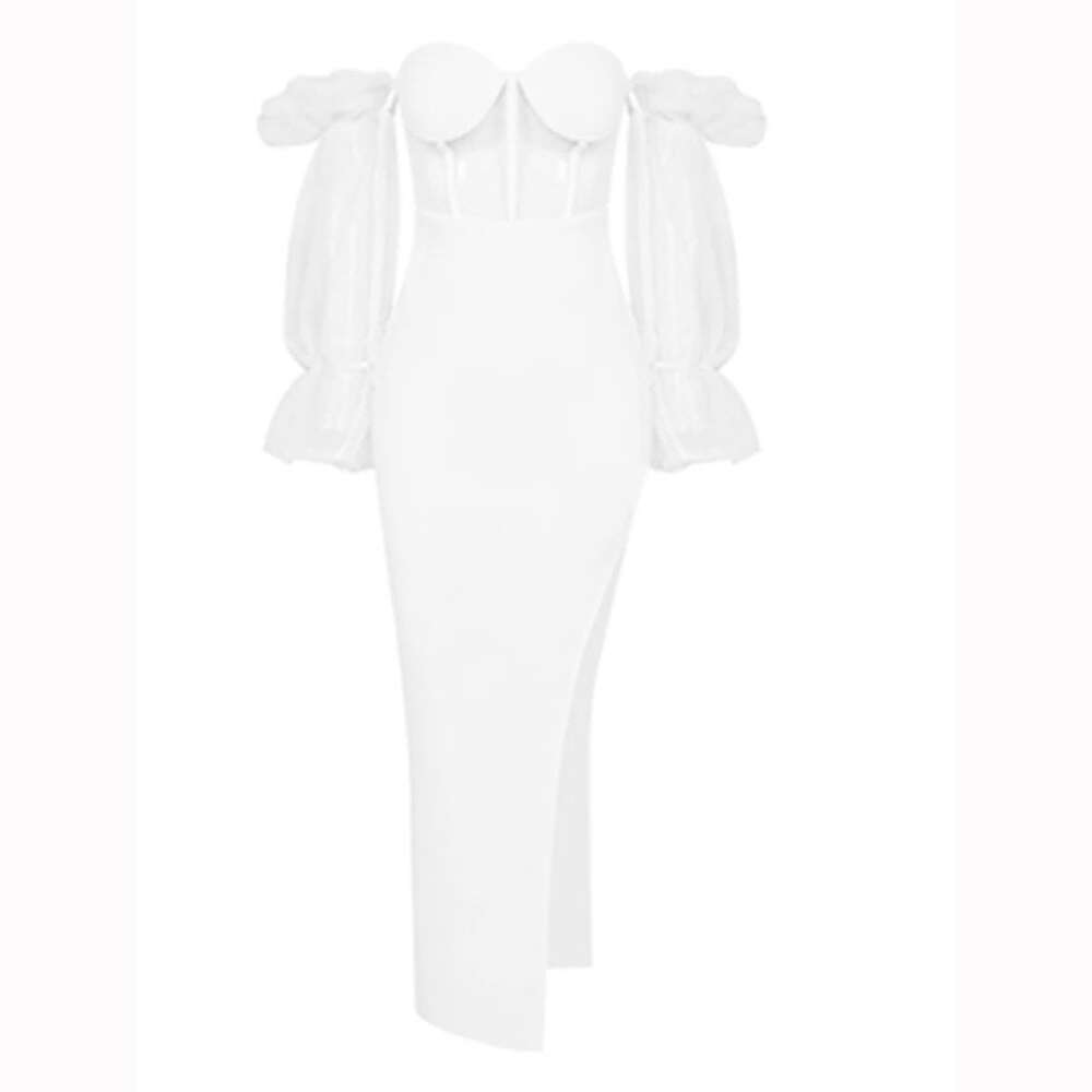 KIMLUD, New Purple Khaki Color Women Sexy Mesh Long Sleeve Off the Shoulder Bodycon Long Dress Rayon Bandage Evening Party Dress, WHITE / XS, KIMLUD APPAREL - Womens Clothes
