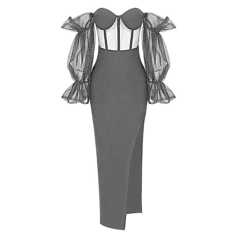 KIMLUD, New Purple Khaki Color Women Sexy Mesh Long Sleeve Off the Shoulder Bodycon Long Dress Rayon Bandage Evening Party Dress, KIMLUD Womens Clothes