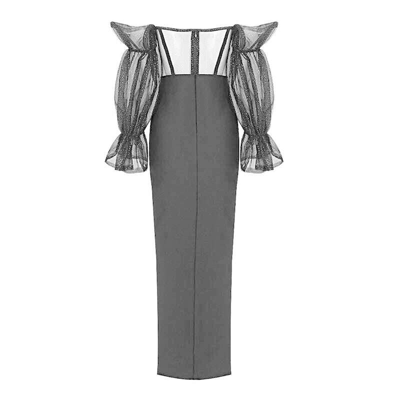 KIMLUD, New Purple Khaki Color Women Sexy Mesh Long Sleeve Off the Shoulder Bodycon Long Dress Rayon Bandage Evening Party Dress, KIMLUD Womens Clothes
