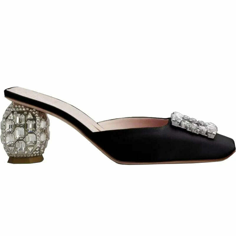 KIMLUD, New Rhinestone Sandals Women Square Toe Slip-on Mules Female Crystal High Heels Women Dress Shoes sandalias de las mujeres, Black / 34, KIMLUD APPAREL - Womens Clothes
