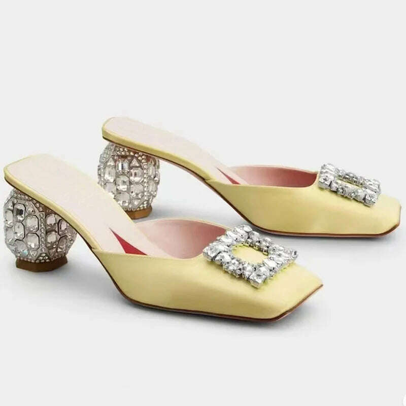 KIMLUD, New Rhinestone Sandals Women Square Toe Slip-on Mules Female Crystal High Heels Women Dress Shoes sandalias de las mujeres, Yellow / 34, KIMLUD APPAREL - Womens Clothes