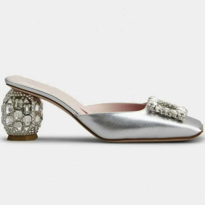 KIMLUD, New Rhinestone Sandals Women Square Toe Slip-on Mules Female Crystal High Heels Women Dress Shoes sandalias de las mujeres, Silver / 34, KIMLUD APPAREL - Womens Clothes