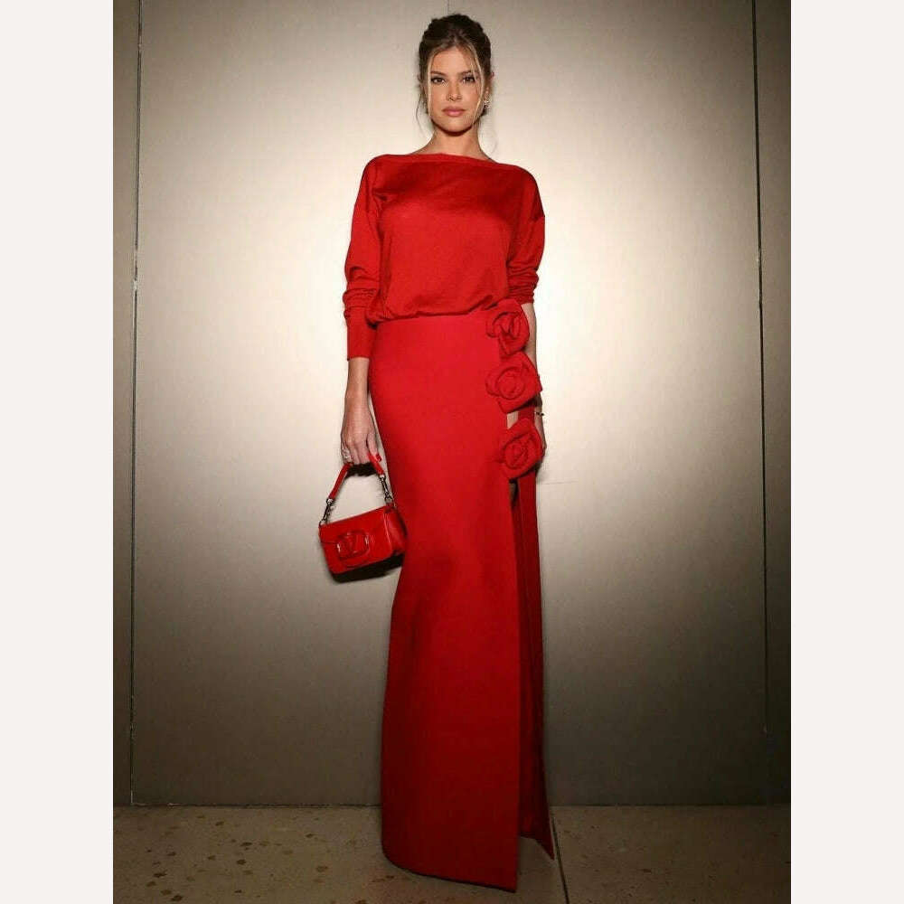KIMLUD, New Sexy 3D Flower Decoration Bandage Dress Women Red High Split Long Slim Skirt Elegant Evening Party Club Skirts, KIMLUD Womens Clothes
