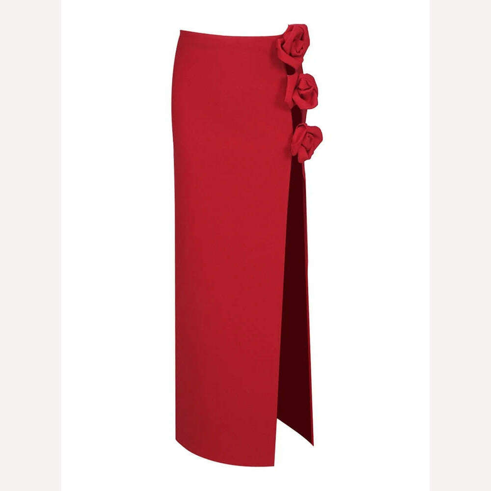 KIMLUD, New Sexy 3D Flower Decoration Bandage Dress Women Red High Split Long Slim Skirt Elegant Evening Party Club Skirts, Red / XS, KIMLUD APPAREL - Womens Clothes
