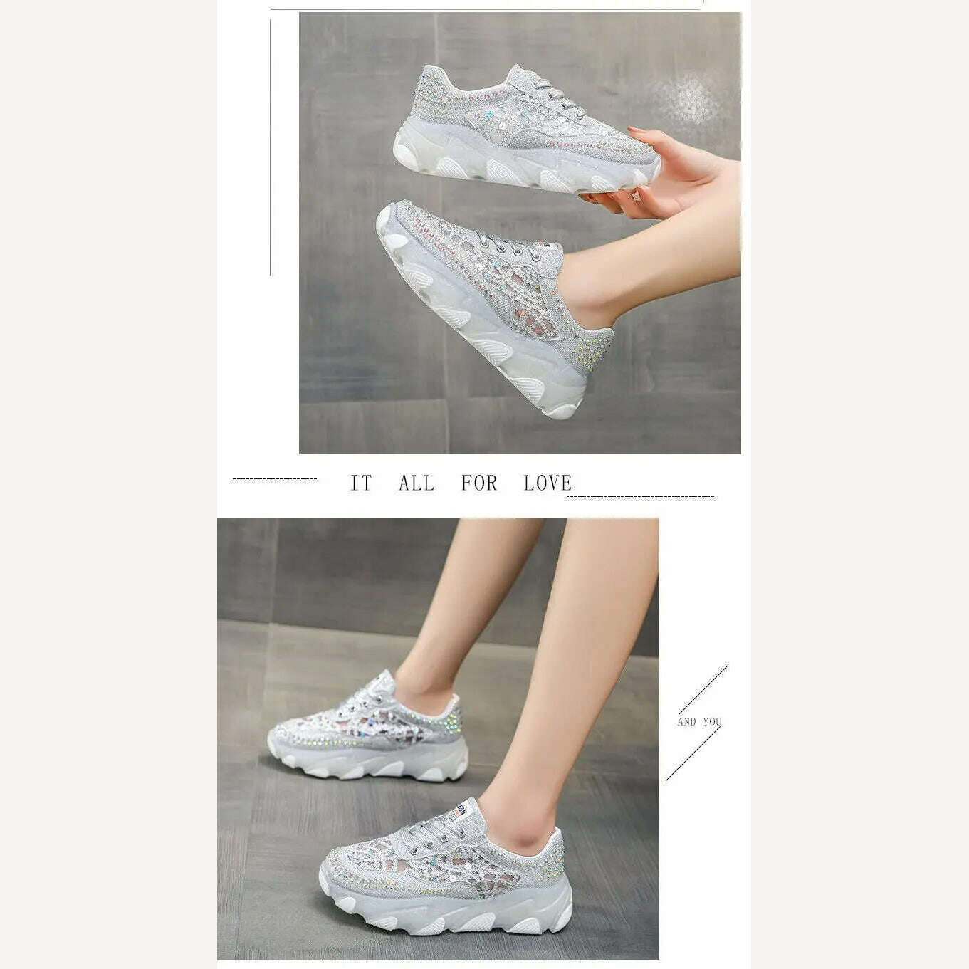 New Silver Rhinestone Sneakers for Women Summer Casual Shoes Fashion Heightening Platform Shoes Female Lace Sneakers Sandals - KIMLUD