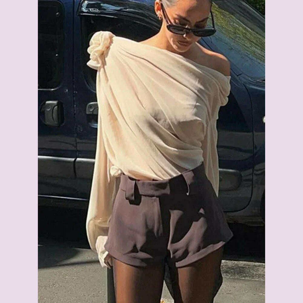 KIMLUD, New Slope Shoulder Blouse Asymmetric Cropped Blouse Apricot Pile Up Shirts Women Top Autumn New Elegant Fashiin Blouse, KIMLUD Womens Clothes