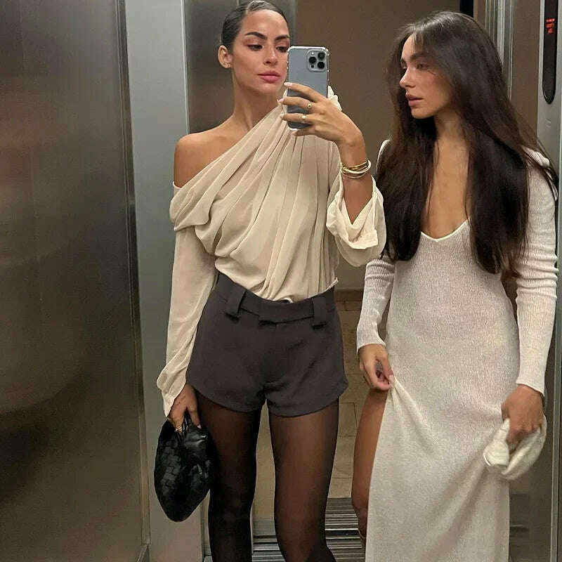 KIMLUD, New Slope Shoulder Blouse Asymmetric Cropped Blouse Apricot Pile Up Shirts Women Top Autumn New Elegant Fashiin Blouse, KIMLUD Womens Clothes