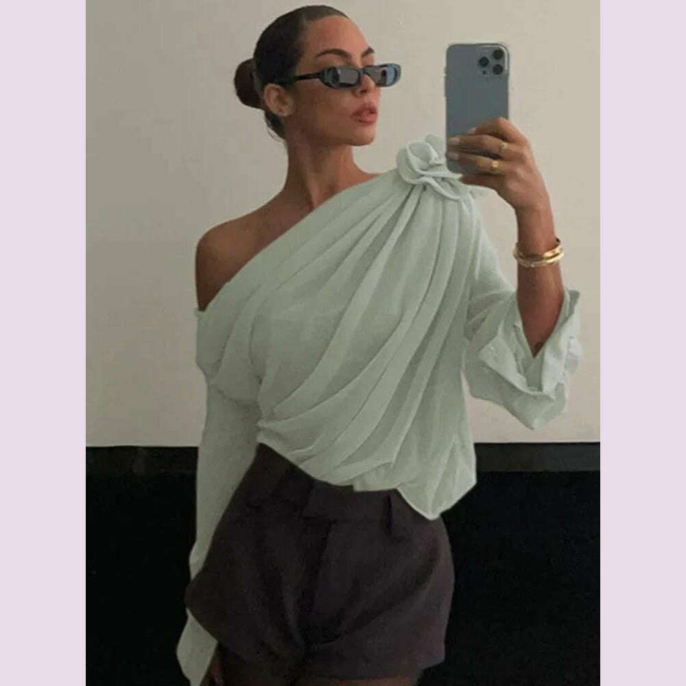 KIMLUD, New Slope Shoulder Blouse Asymmetric Cropped Blouse Apricot Pile Up Shirts Women Top Autumn New Elegant Fashiin Blouse, green / L, KIMLUD APPAREL - Womens Clothes