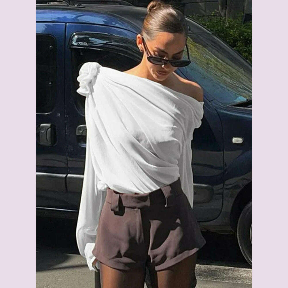 KIMLUD, New Slope Shoulder Blouse Asymmetric Cropped Blouse Apricot Pile Up Shirts Women Top Autumn New Elegant Fashiin Blouse, Ivory / S, KIMLUD APPAREL - Womens Clothes