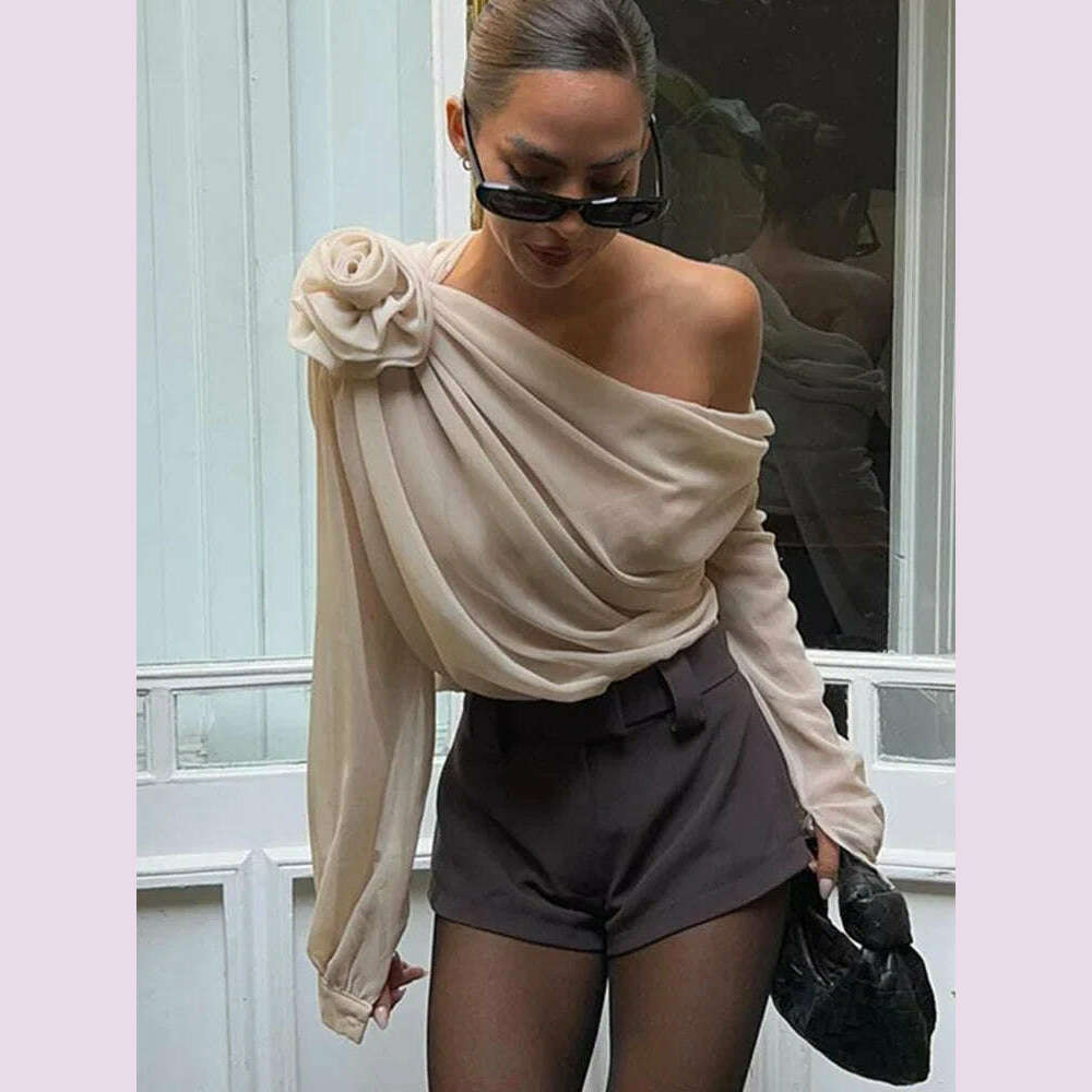 KIMLUD, New Slope Shoulder Blouse Asymmetric Cropped Blouse Apricot Pile Up Shirts Women Top Autumn New Elegant Fashiin Blouse, APRICOT / M, KIMLUD APPAREL - Womens Clothes