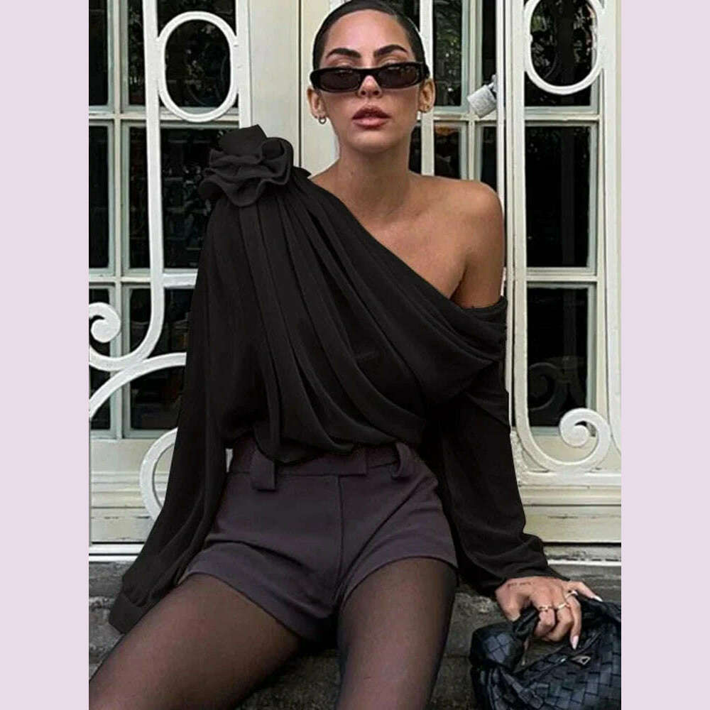 KIMLUD, New Slope Shoulder Blouse Asymmetric Cropped Blouse Apricot Pile Up Shirts Women Top Autumn New Elegant Fashiin Blouse, black / L, KIMLUD APPAREL - Womens Clothes