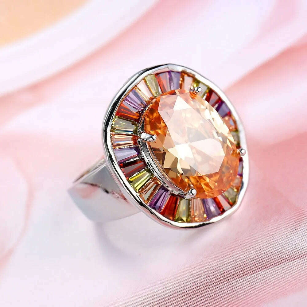 KIMLUD, New Statement Bridal Big Round Colorful CZ Finger 925 Sterling Silver Rings Champagne Cubic Zircon Jewelry for Women Party Gift, KIMLUD Womens Clothes