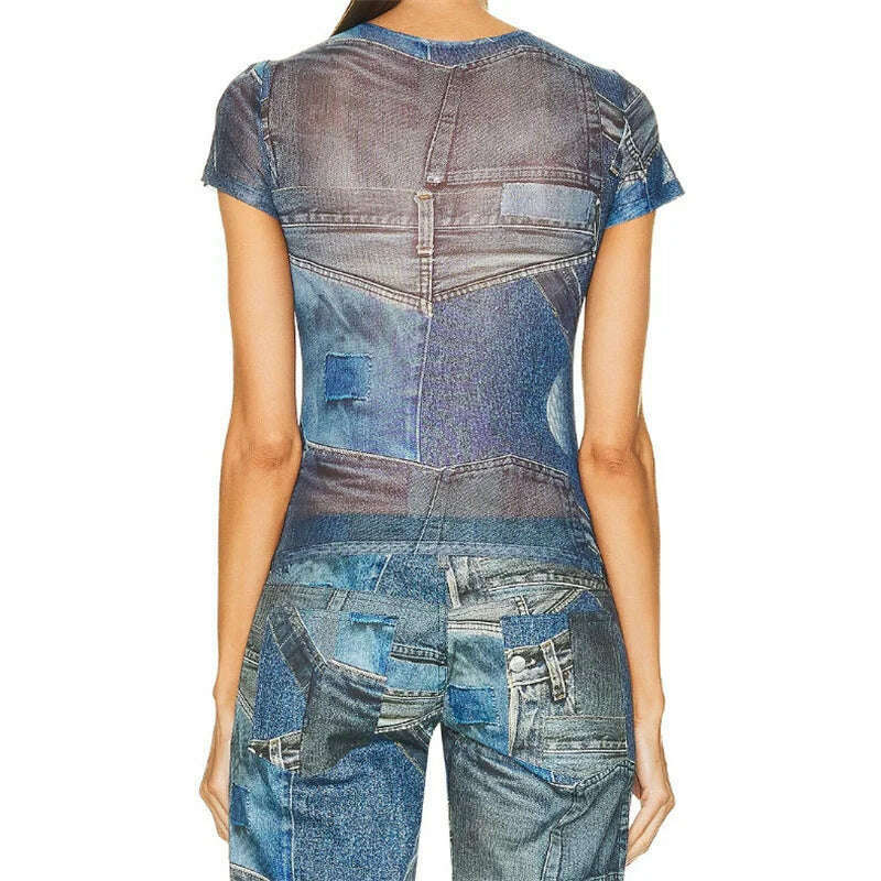 KIMLUD, New Style in Spring And Summer 2023 Imitation Denim Printed Women's T-Shirt Korean Fashion Round Neck Short Sleeve Top y2k Traf, KIMLUD Womens Clothes