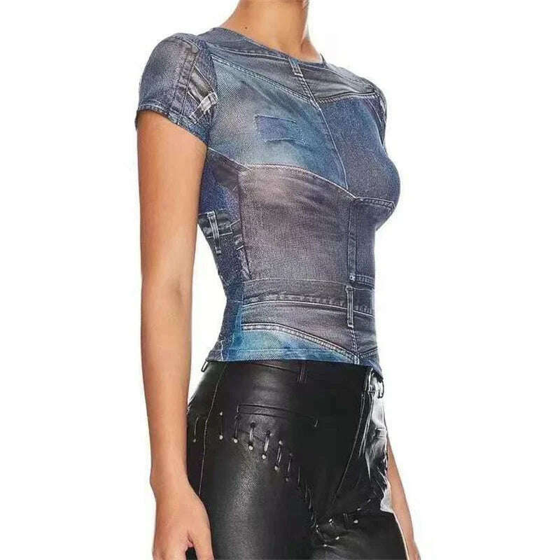 KIMLUD, New Style in Spring And Summer 2023 Imitation Denim Printed Women's T-Shirt Korean Fashion Round Neck Short Sleeve Top y2k Traf, KIMLUD Womens Clothes