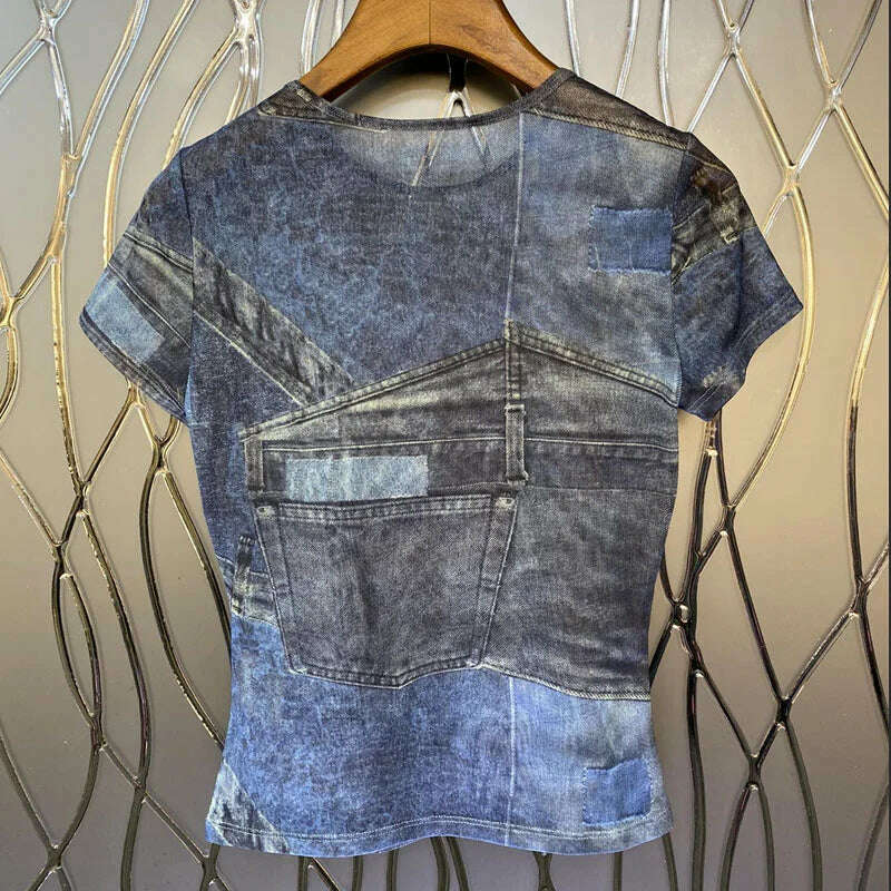KIMLUD, New Style in Spring And Summer 2023 Imitation Denim Printed Women's T-Shirt Korean Fashion Round Neck Short Sleeve Top y2k Traf, KIMLUD Womens Clothes
