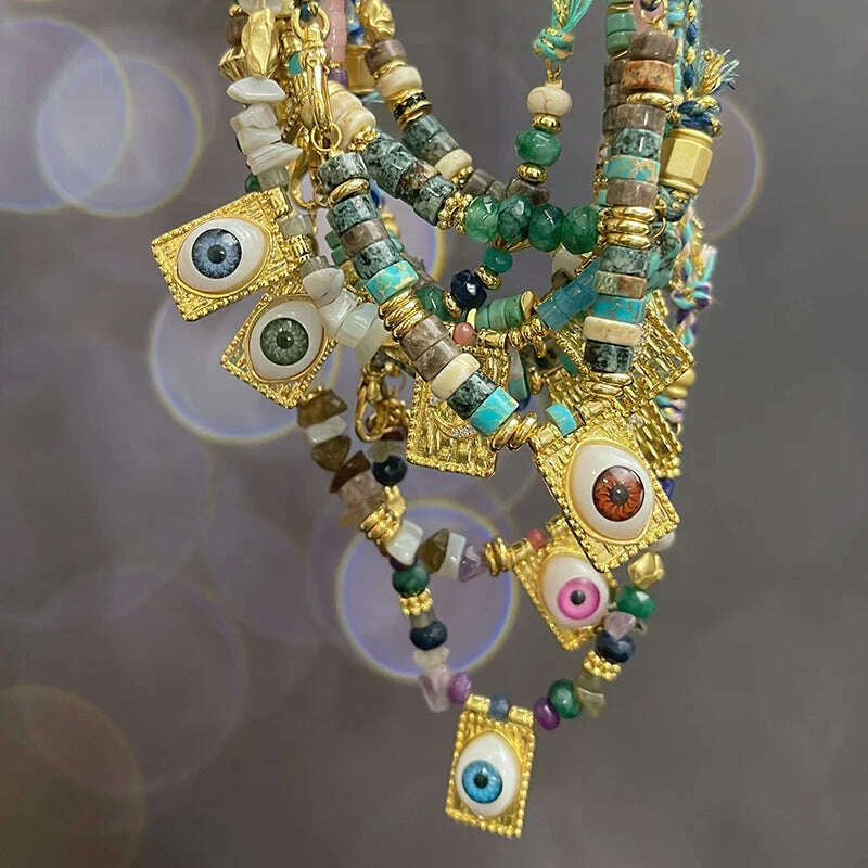 New Style Multi Color Braided Rope Star Moon Heart Hand Eye Charm Necklace,Unique Mix Stone 18K Gold Cotton Cord Jewelry Finding - KIMLUD