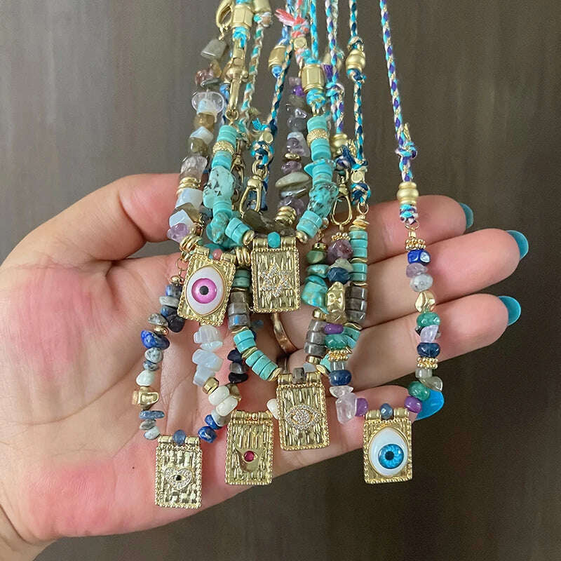 New Style Multi Color Braided Rope Star Moon Heart Hand Eye Charm Necklace,Unique Mix Stone 18K Gold Cotton Cord Jewelry Finding - KIMLUD