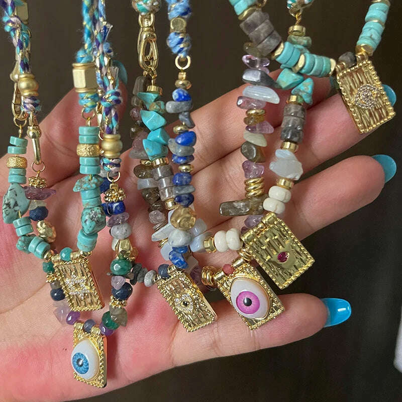New Style Multi Color Braided Rope Star Moon Heart Hand Eye Charm Necklace,Unique Mix Stone 18K Gold Cotton Cord Jewelry Finding - KIMLUD