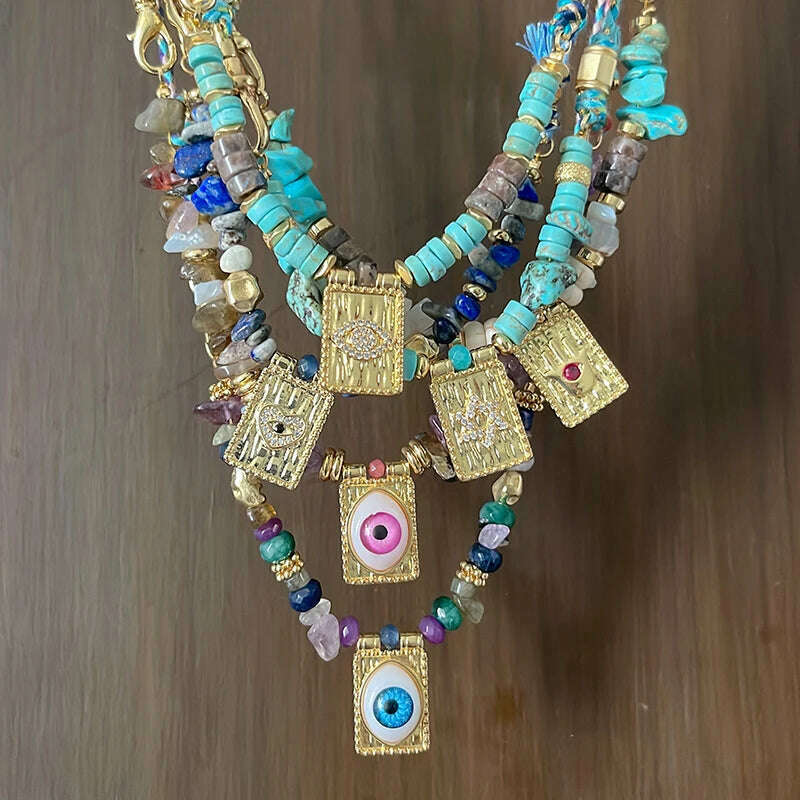 New Style Multi Color Braided Rope Star Moon Heart Hand Eye Charm Necklace,Unique Mix Stone 18K Gold Cotton Cord Jewelry Finding - KIMLUD