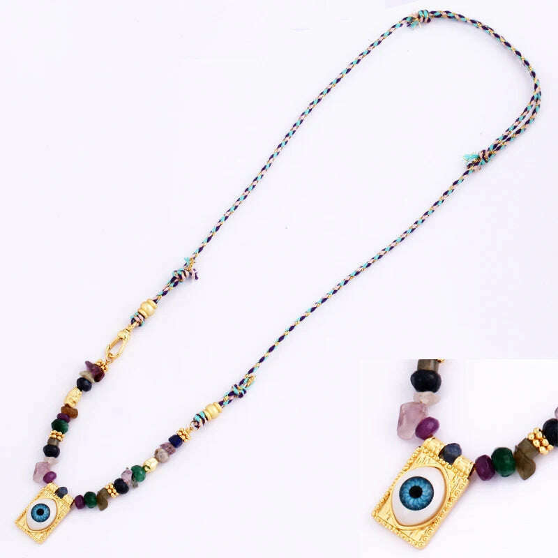 New Style Multi Color Braided Rope Star Moon Heart Hand Eye Charm Necklace,Unique Mix Stone 18K Gold Cotton Cord Jewelry Finding - KIMLUD