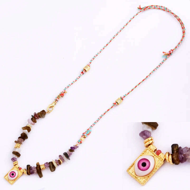 New Style Multi Color Braided Rope Star Moon Heart Hand Eye Charm Necklace,Unique Mix Stone 18K Gold Cotton Cord Jewelry Finding - KIMLUD