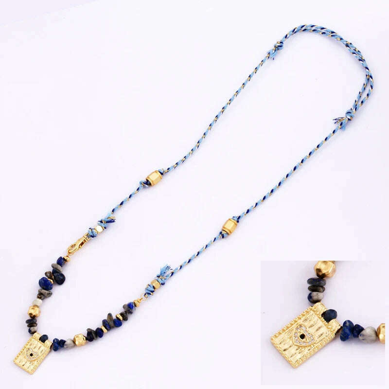 New Style Multi Color Braided Rope Star Moon Heart Hand Eye Charm Necklace,Unique Mix Stone 18K Gold Cotton Cord Jewelry Finding - KIMLUD