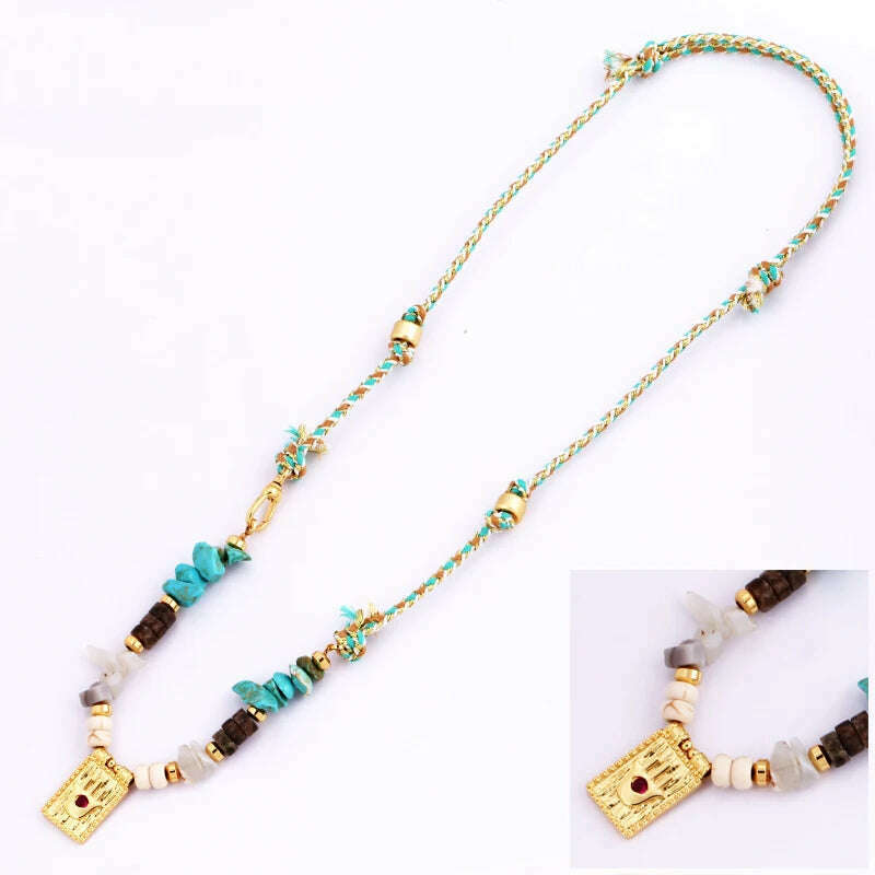 New Style Multi Color Braided Rope Star Moon Heart Hand Eye Charm Necklace,Unique Mix Stone 18K Gold Cotton Cord Jewelry Finding - KIMLUD
