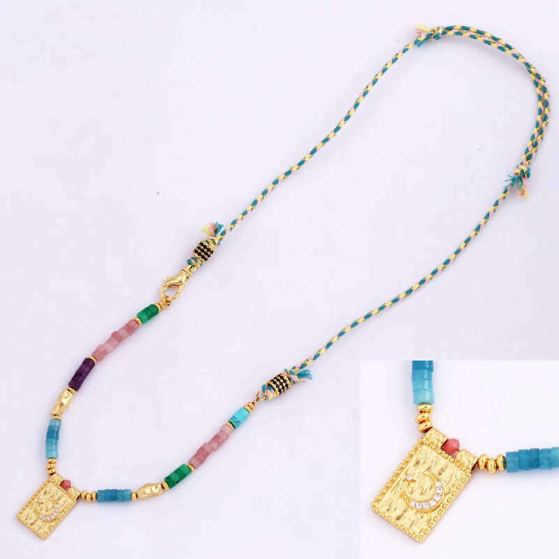 New Style Multi Color Braided Rope Star Moon Heart Hand Eye Charm Necklace,Unique Mix Stone 18K Gold Cotton Cord Jewelry Finding - KIMLUD