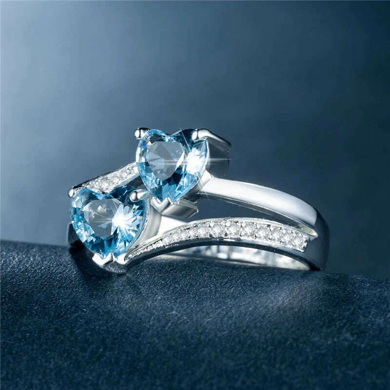 KIMLUD, New Stylish Female Rings Silver-plated Double Heart-Shaped Cubic Zircons Wedding Ring for Women Girls Nice Gift Birthday, KIMLUD Womens Clothes